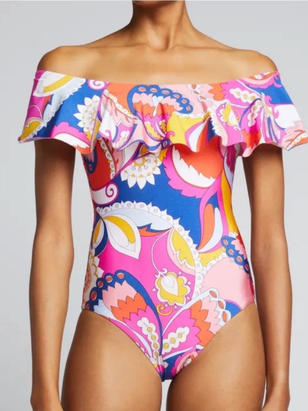 TRINA TURK — “Sevilla” ruffle off shoulder one piece swim — 8 — bright paisley